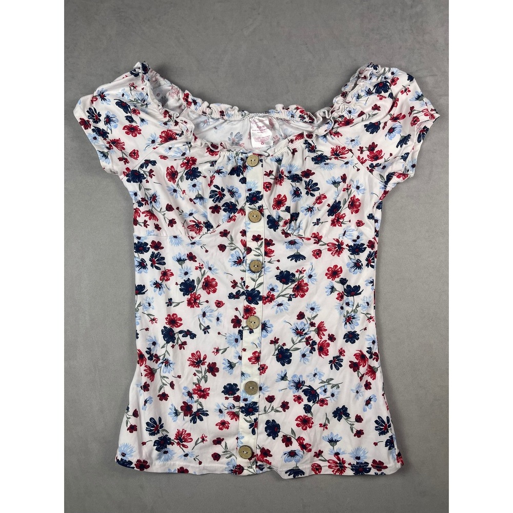 No Boundaries Floral Milkmaid Top White Red Blue Button Front Size M 7-9